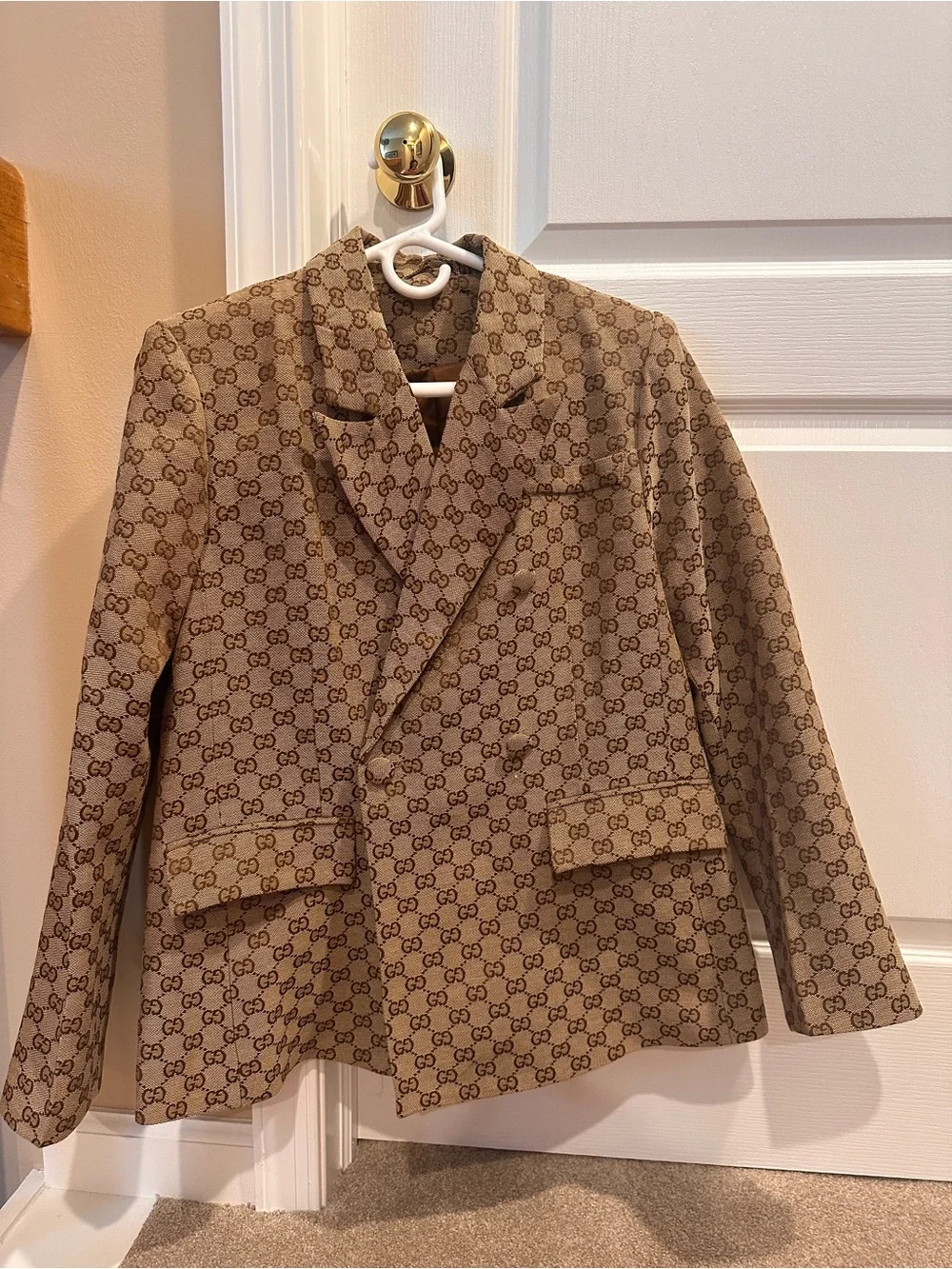 Beige  Monogram Print Double-Breasted Blazer